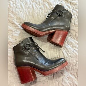 Korks ease Mertle Black Leather Stacked Heel Platform Bootie red heel